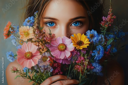 Young woman with blue eyes holding a colorful bouquet of flowers in a serene ...