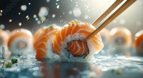 Delicate sushi rolls prepared with fresh salmon at a stylish dining setting