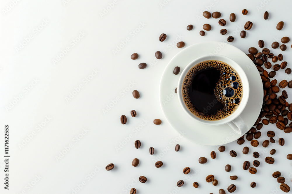 Fototapeta premium Freshly Brewed Espresso in a Coffee Cup with Creamy Swirl, Surrounded by Roasted Coffee Beans for a Rich Coffee Experience