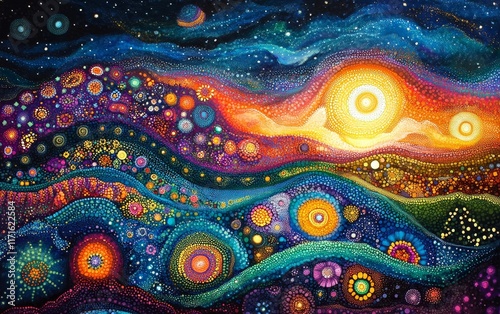 metaphysical patterns ripple into radiant, glowing cosmic art., Generative AI