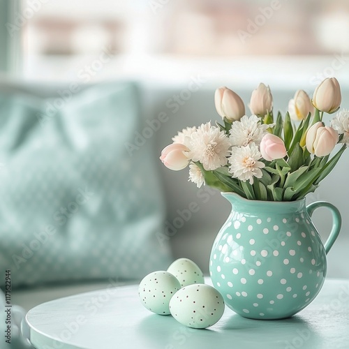 Decorative flower vase with white blooms and pastel eggs on a light background