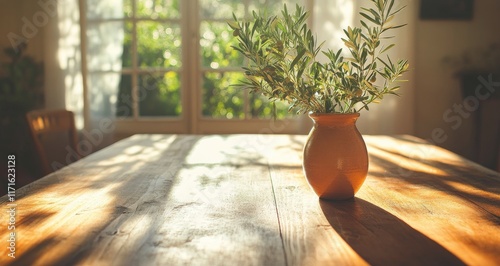 Sunlight filters through window illuminating olive branch in vase on wooden t...