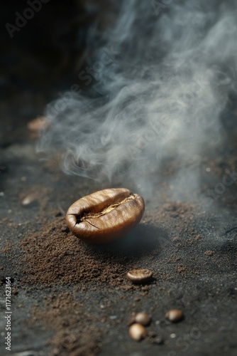 Close up of a coffee bean surrounded by ground coffee and steam in a warm set...