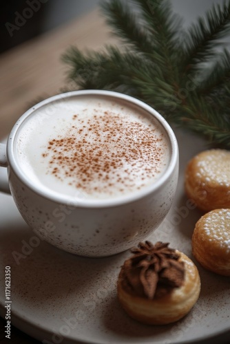 Warm beverage with cinnamon and pastries on a rustic table during the winter ...