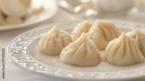 freshly steamed modak dumplings glistening on a pristine white plate with delicate folds and a hint of coconut peeking out radiating warmth and comfort photo