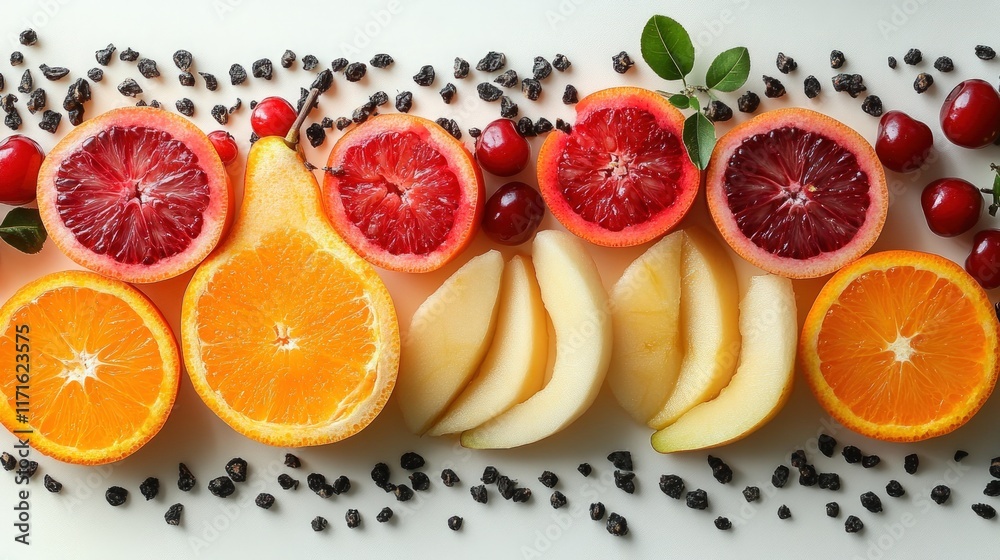 Citrus, pears, cherries, and berries arranged artfully. Citrus, pears, cherries, and berries arranged artfully.