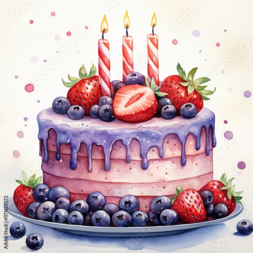 Colorful birthday cake with candles and floral decorations for a special cele...