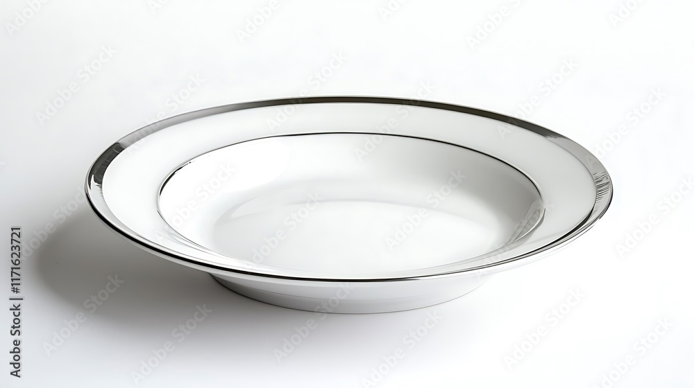 Isolated clean white ceramic plate with a silver rim isolated on solid white background. Isolated clean white ceramic plate with a silver rim isolated on solid white background.