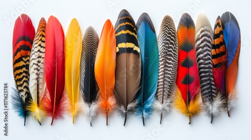 Colorful collection of bird feathers displayed on a white background showcasi...