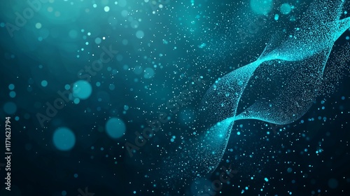 Abstract Visualization of a DNA Helix with Glowing Particles and Bokeh Effect in a Blue-Toned Background