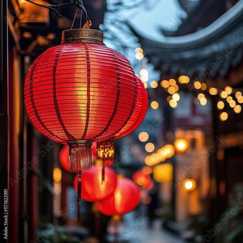 Red lanterns illuminate a traditional street during twilight in an Asian cult...