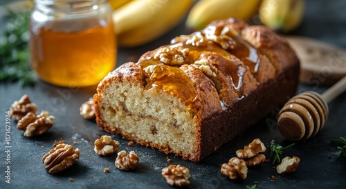 Delicious honey walnut bread with fresh walnuts and honey on a dark surface