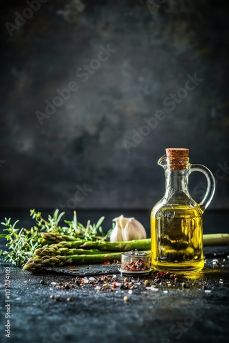 Fresh asparagus with olive oil and garlic on a dark countertop for healthy co...