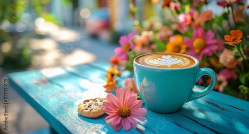 Coffee cup with flower and cookie on blue table surrounded by vibrant blooms ...