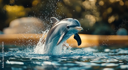 Dolphin leaping joyfully at sunset, creating splashes in a shimmering ocean