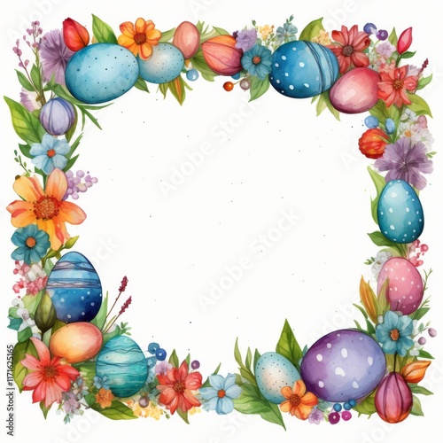 Spring floral wreath with colorful Easter eggs surrounded by leaves and flowers