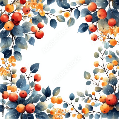 Colorful watercolor leaves create a decorative border for various design proj...