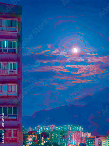 A colored pencil illustration featuring a dark night with a moon in between the building.