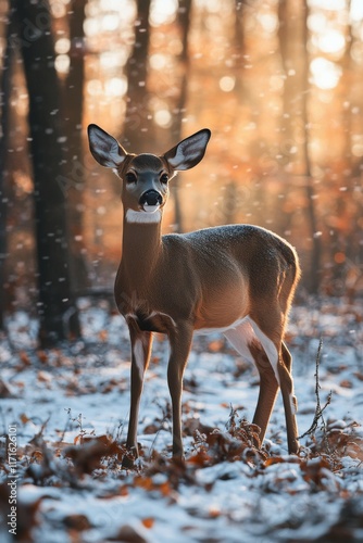 Young deer standing in a snowy forest during golden hour light in winter