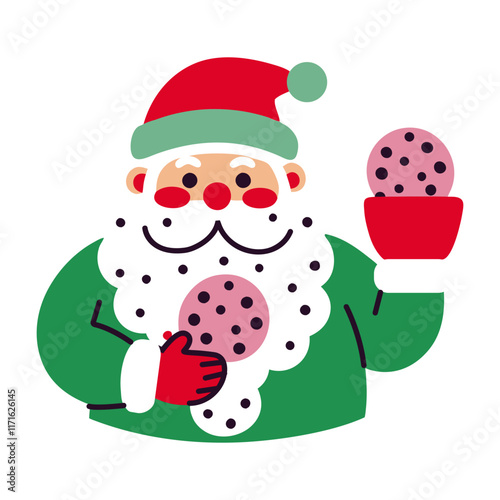 A flat sticker of santa holding christmas cookies in hands