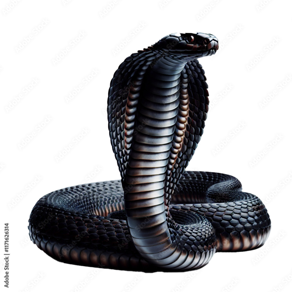 Fototapeta premium Black Cobra Snake with Expanded Hood in Defensive Posture on transparent background