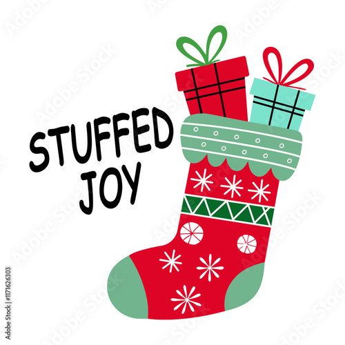 A flat sticker of gift sock with stuffed joy typography