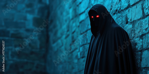 Dark figure in cloak with red glowing eyes. Horror game design