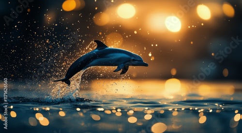 Dolphin leaping joyfully at sunset, creating splashes in a shimmering ocean