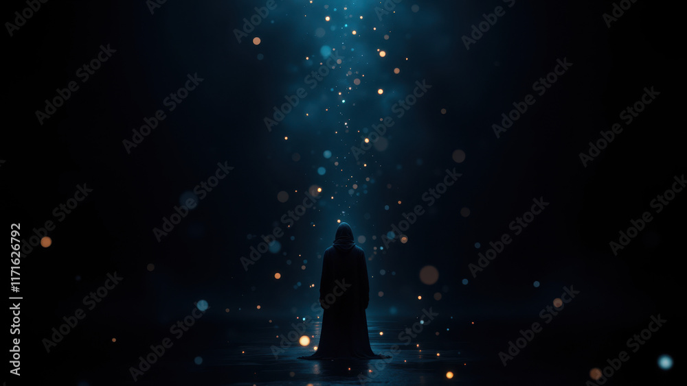 Fototapeta premium Mysterious AI figure surrounded by floating particles against dark backdrop.