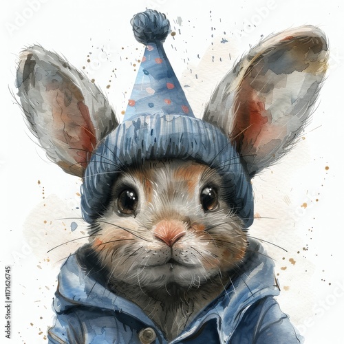 Cute bunny wearing a blue hat is dressed for a festive occasion in a whimsica...