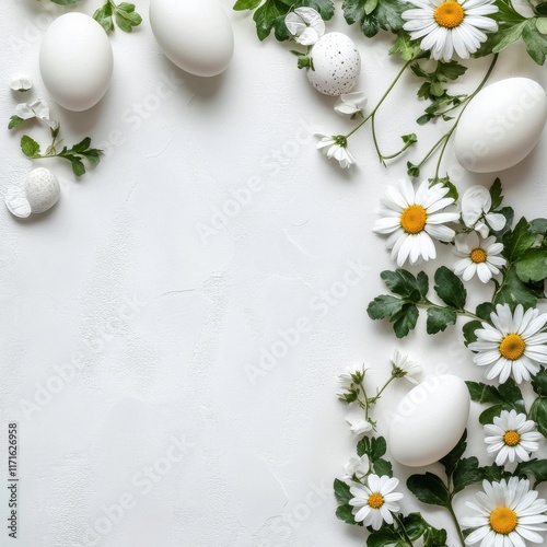 Fresh white eggs and herbs arranged with flowers on a light background for a ...