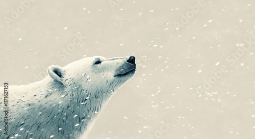 Polar bear observing falling snow in a serene winter landscape