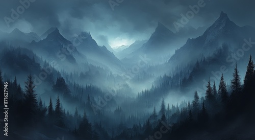 Mystical landscape with dark pine forests and misty mountains during twilight...