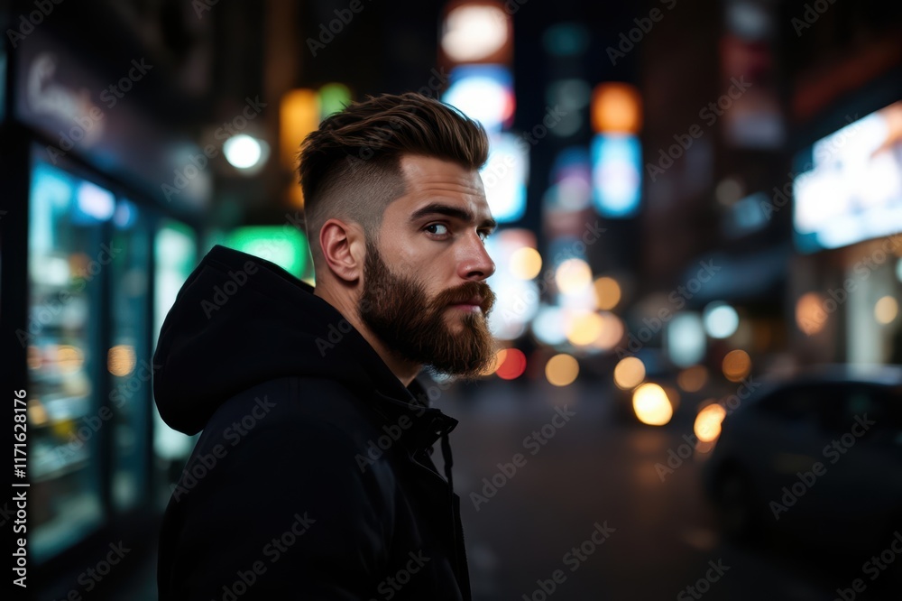 Bearded male entrepreneur with modern haircut looking at camera in town in back lit Bearded male entrepreneur with modern haircut looking at camera in town in back lit