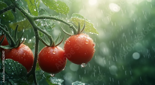 Fresh red tomatoes glistening with water droplets in a sunlit garden during m...