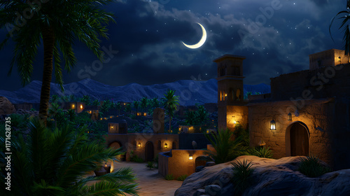 Desert Oasis at Night: A crescent moon hangs in the night sky above a tranquil desert village, its warm, inviting lights glowing against the dark landscape.  Palm trees sway gently in the breeze.