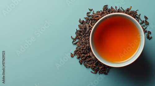 Brewing a rich cup of black tea with loose leaf on a vibrant blue background