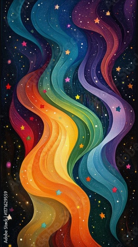 Colorful abstract design with waves and stars on a dark background