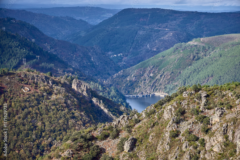 Fototapeta premium Reservoir in the canyons of the Sil River. This spectacular landscape is formed by the course of the Sil River as it passes through the provinces of Lugo and Ourense, in Galicia (Spain)