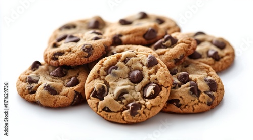Freshly baked chocolate chip cookies arranged neatly on a tray