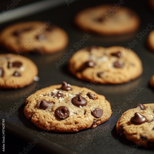 Freshly baked chocolate chip cookies cooling on a baking tray in a kitchen