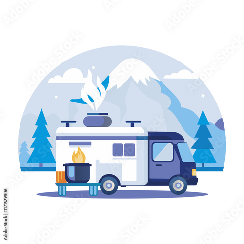 Flat illustration shows a camper van parked in a snowy mountain landscape