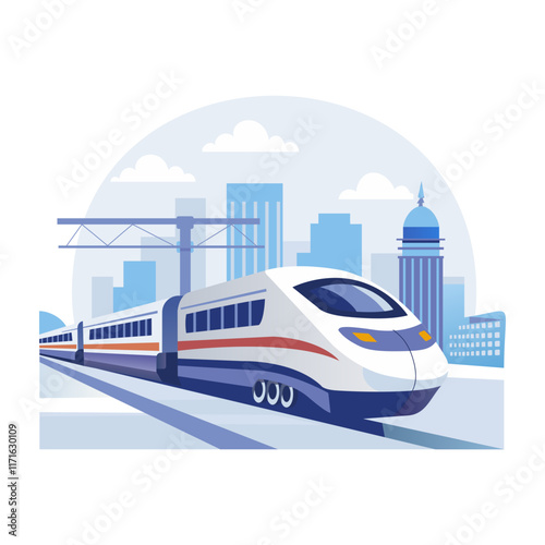 A flat illustration shows a high-speed train arriving at a train station