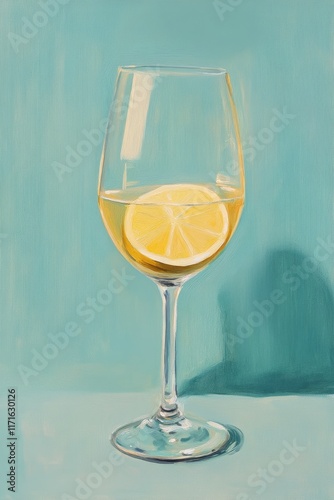 Fresh lemon slices and a glass of white drink against a light blue background