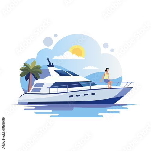 Person relaxing on a luxurious yacht, flat illustration