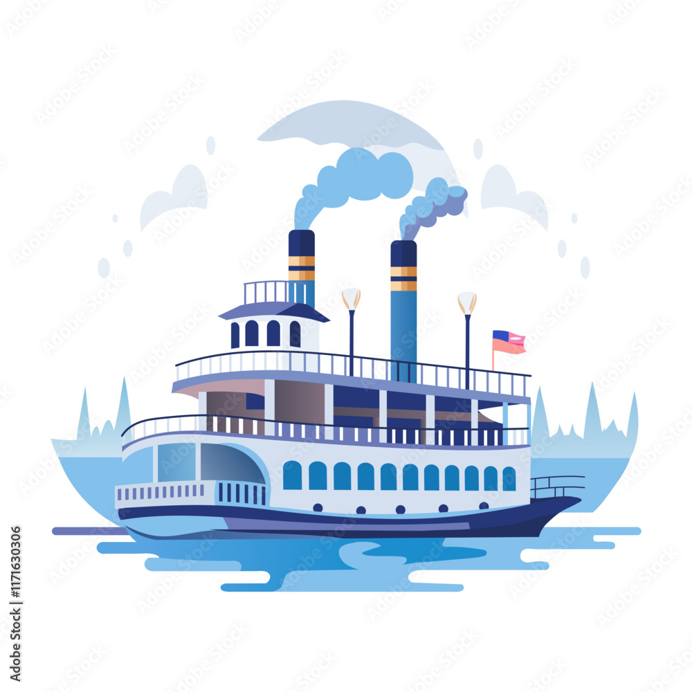 Fototapeta premium A flat illustration shows a riverboat cruising down a river