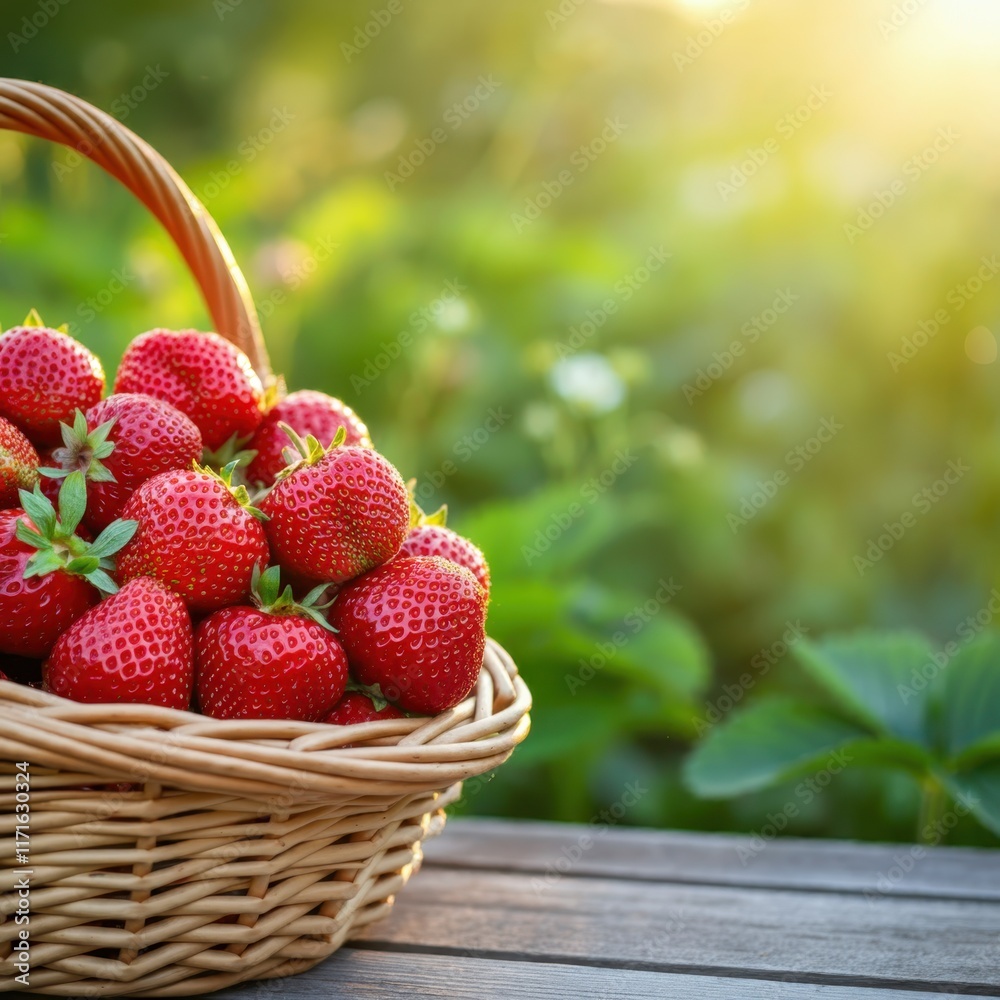 Wicker basket filled with fresh strawberries, sunlit garden background, vibrant red berries, natural outdoor setting, soft focus, golden hour lighting, bountiful harvest, rustic charm, summer fruit, o Wicker basket filled with fresh strawberries, sunlit garden background, vibrant red berries, natural outdoor setting, soft focus, golden hour lighting, bountiful harvest, rustic charm, summer fruit, o