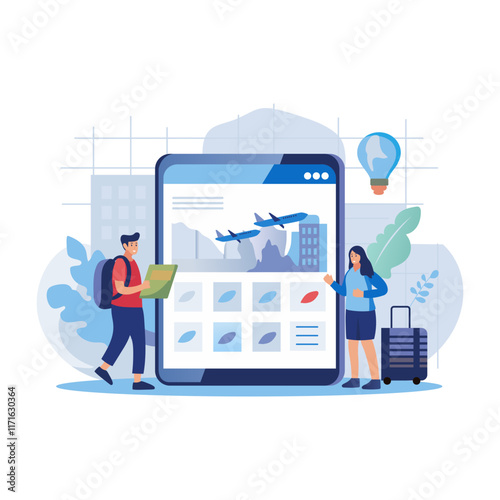 Flat illustration shows a couple planning their trip using a digital device