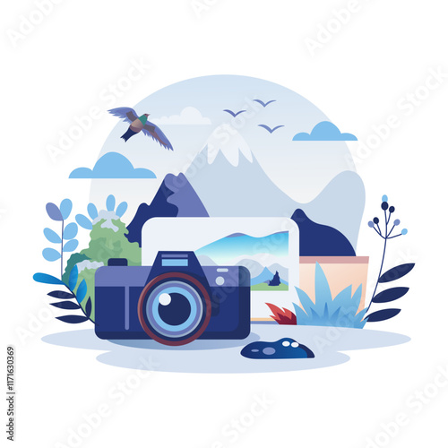 A flat style illustration of travel photography camera
