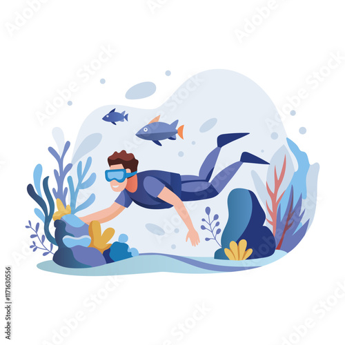 This flat illustration shows a person snorkelling underwater